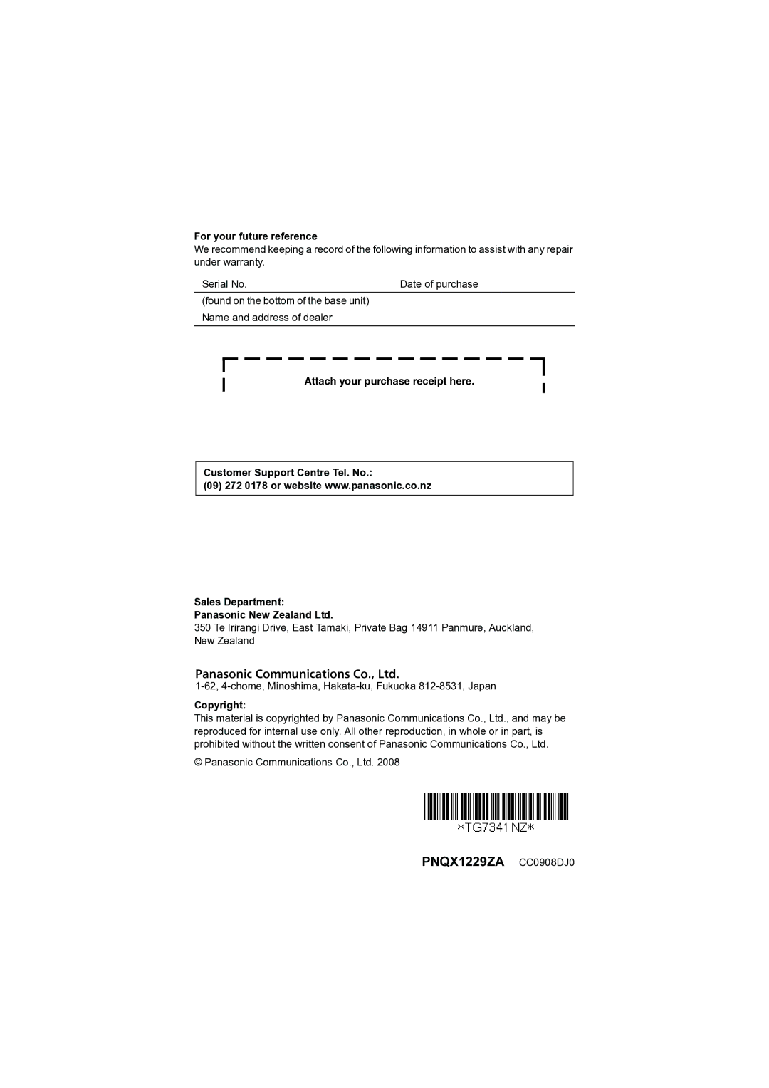 Panasonic KX-TG7341NZ operating instructions PNQX1229ZA CC0908DJ0, For your future reference, Copyright 