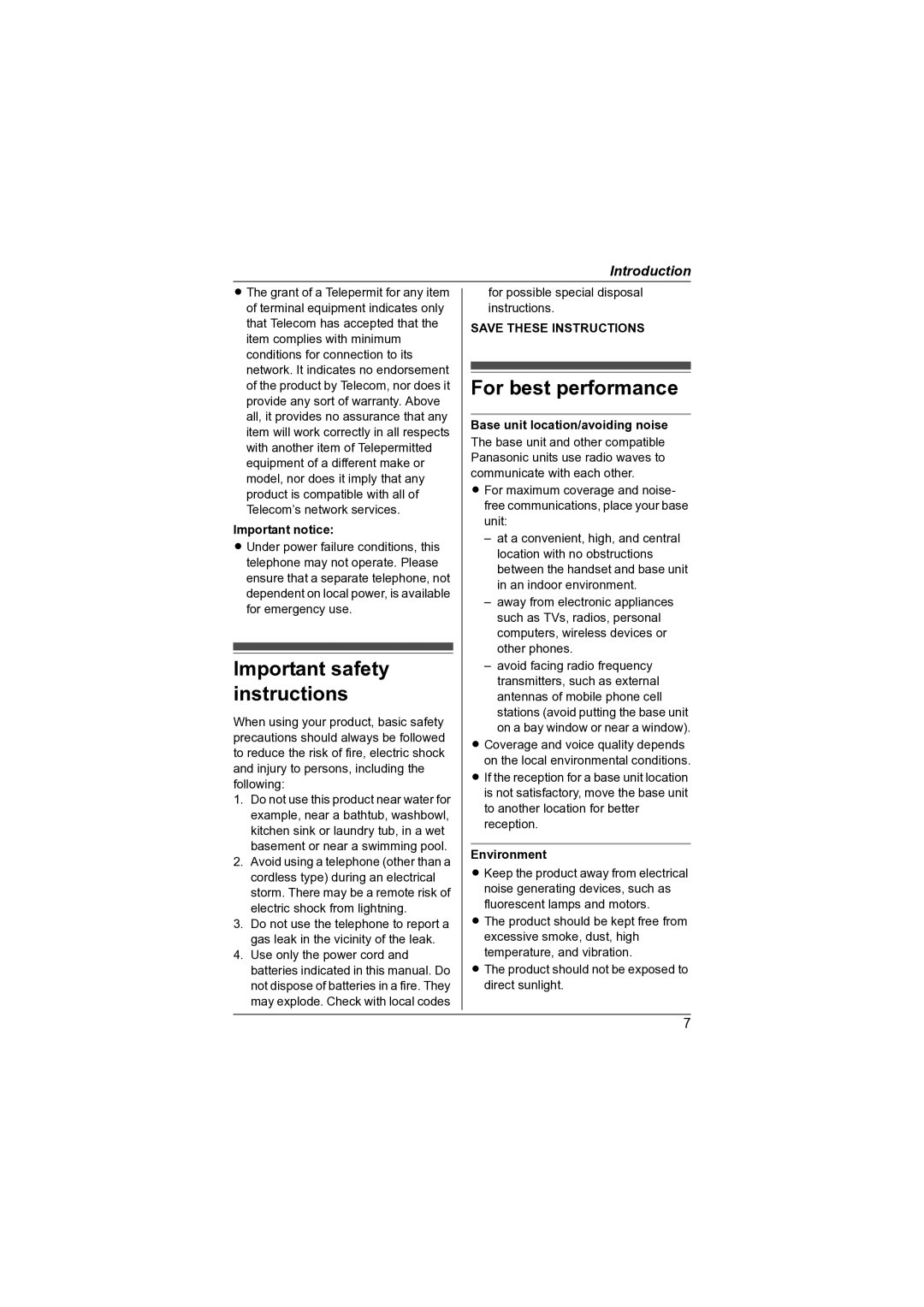 Panasonic KX-TG7341NZ Important safety instructions, For best performance, Important notice, Environment 