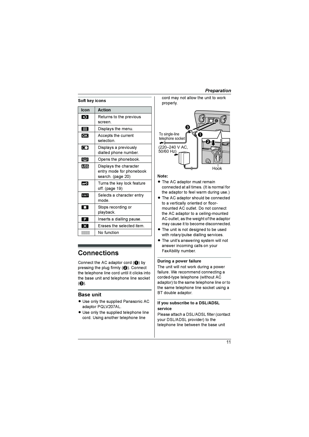 Panasonic KX-TG7341NZ Connections, Base unit, Preparation, Soft key icons, Icon, Action, During a power failure 