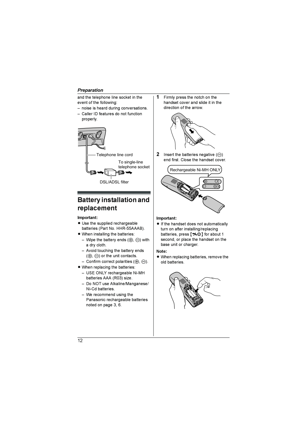 Panasonic KX-TG7341NZ operating instructions Battery installation and replacement, Preparation 