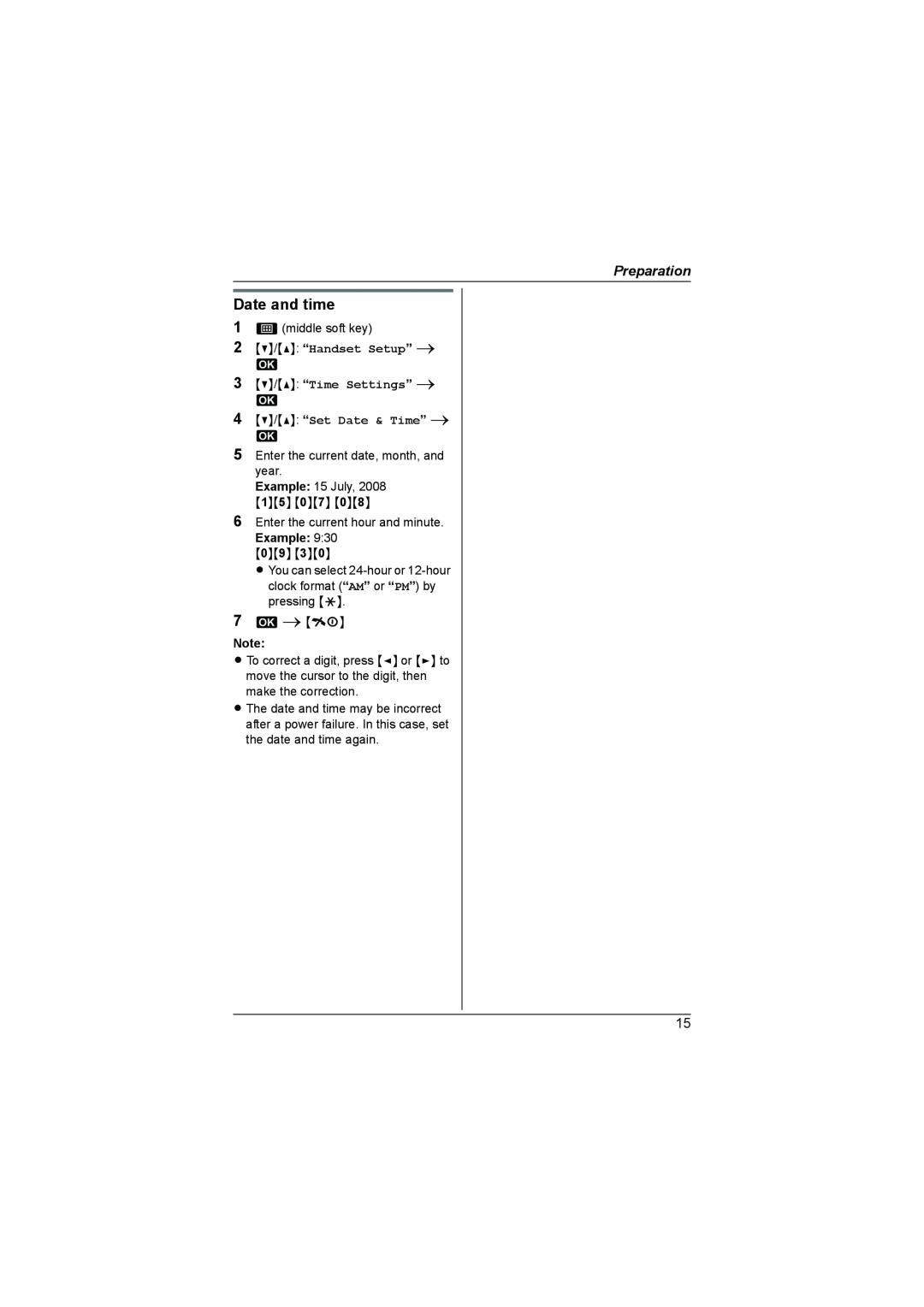 Panasonic KX-TG7341NZ Date and time, Preparation, 2 V/ “Handset Setup”, 3 V/ “Time Settings”, 4 V/ “Set Date & Time” 