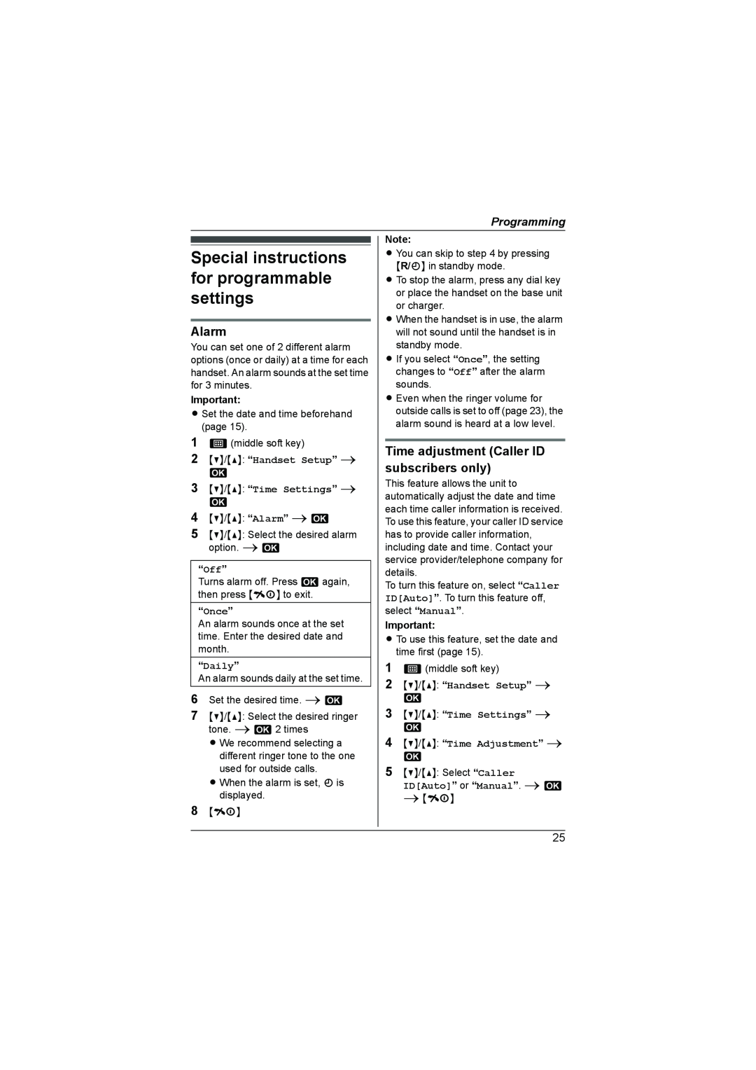 Panasonic KX-TG7341NZ Special instructions for programmable settings, Alarm, Time adjustment Caller ID subscribers only 