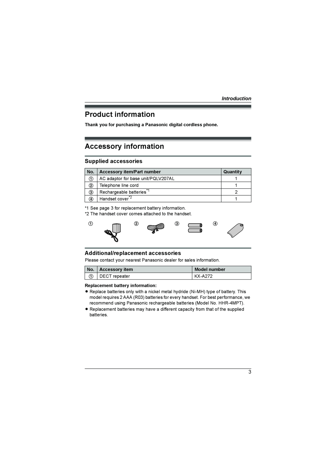 Panasonic KX-TG7341NZ Product information, Accessory information, Supplied accessories, Additional/replacement accessories 