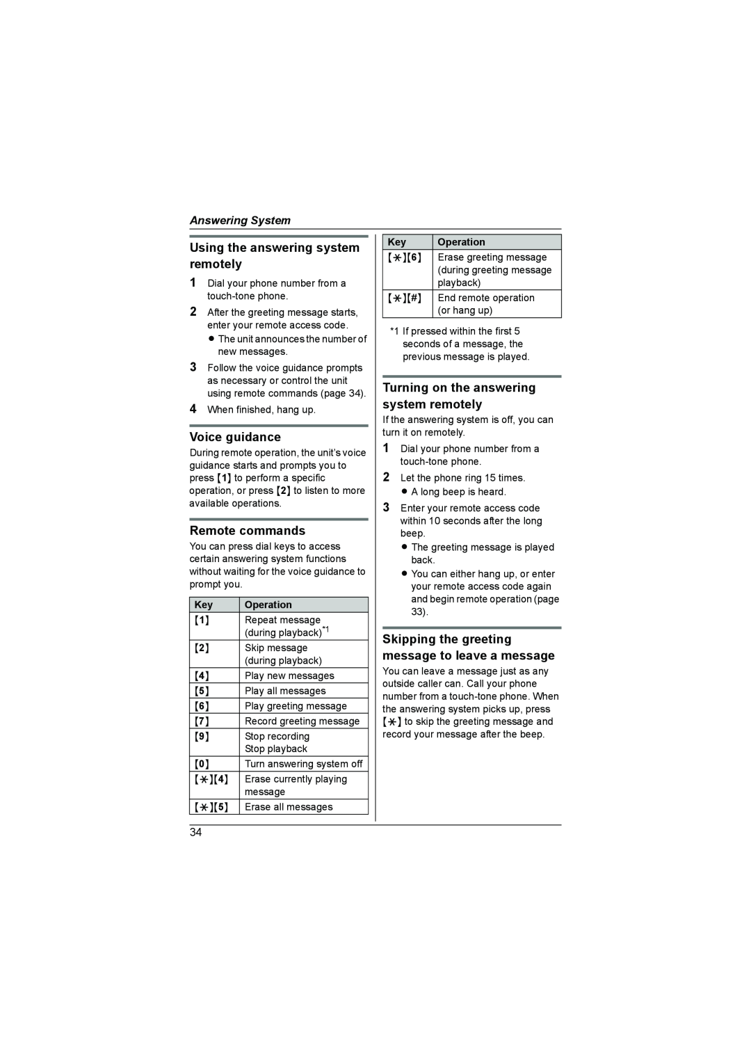 Panasonic KX-TG7341NZ Using the answering system remotely, Voice guidance, Remote commands, Answering System, Operation 