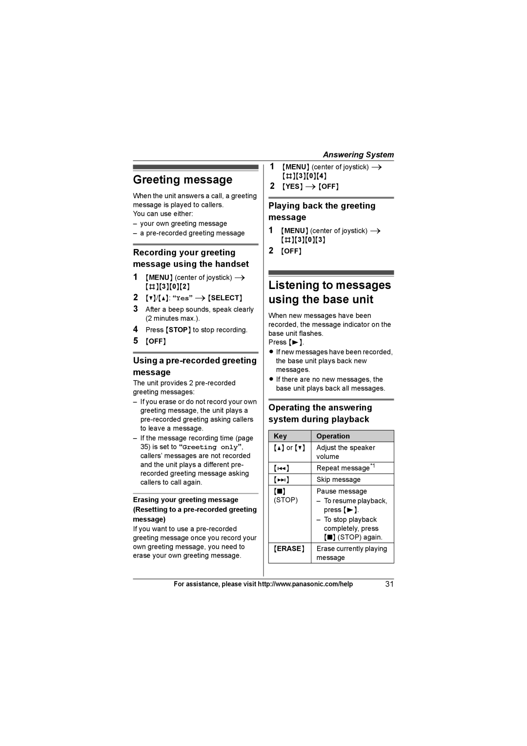 Panasonic KX-TG7431, KX-TG7433, KX-TG7432, KX-TG7434 Greeting message, Listening to messages using the base unit 