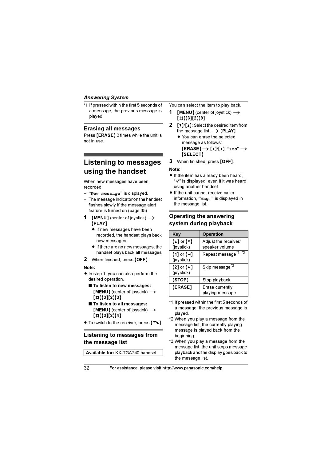 Panasonic KX-TG7433, KX-TG7432, KX-TG7434 Listening to messages using the handset, Erasing all messages, Play, Stop 