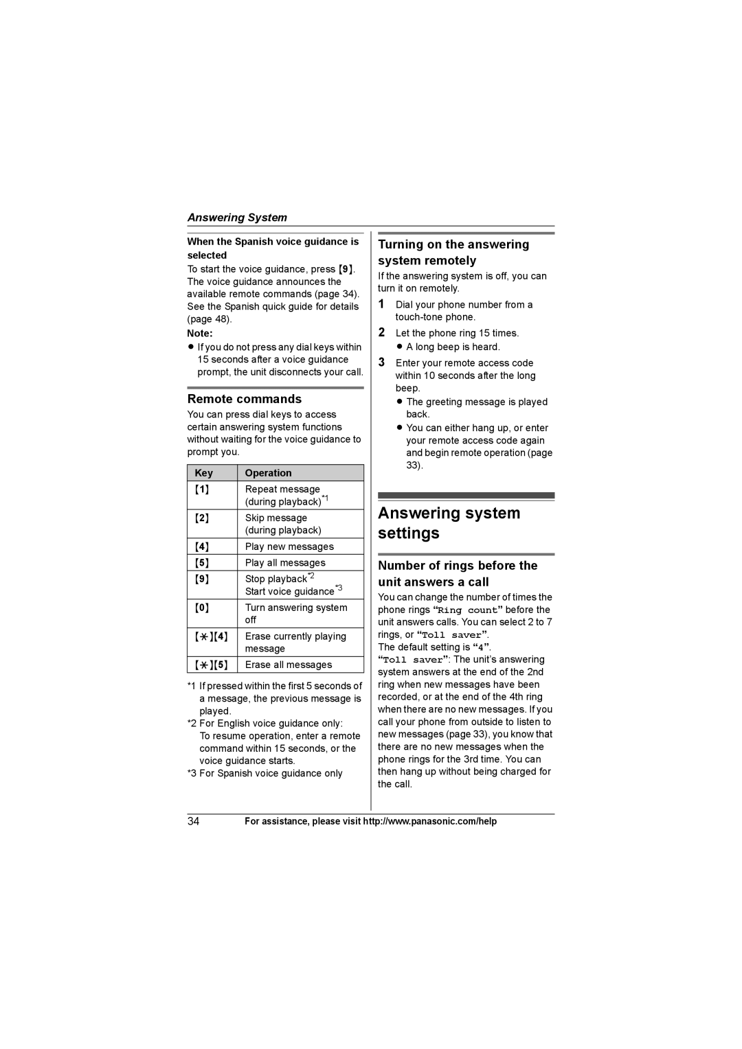 Panasonic KX-TG7434, KX-TG7433 Answering system settings, Remote commands, Turning on the answering system remotely 