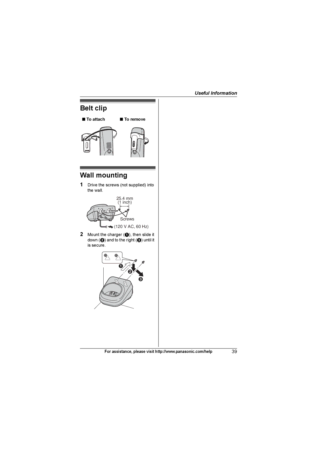 Panasonic KX-TG7431, KX-TG7433, KX-TG7432, KX-TG7434 operating instructions Belt clip, Wall mounting, To attach 