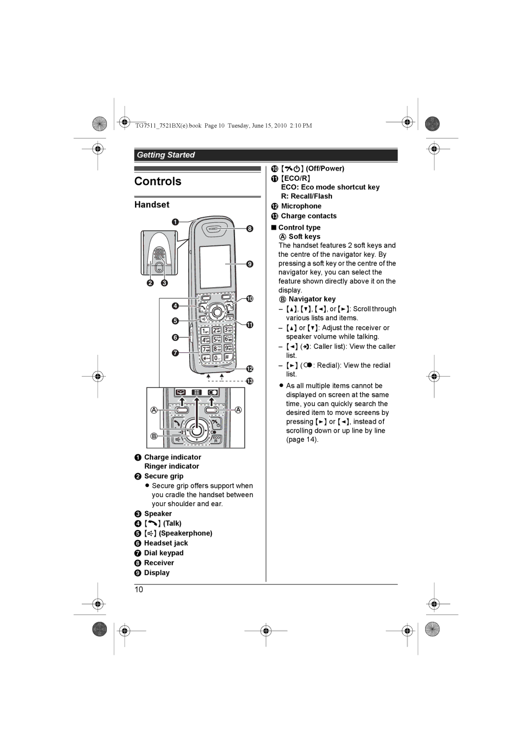 Panasonic KX-TG7521BX, KX-TG7511 operating instructions Controls, Handset, Secure grip, Navigator key 