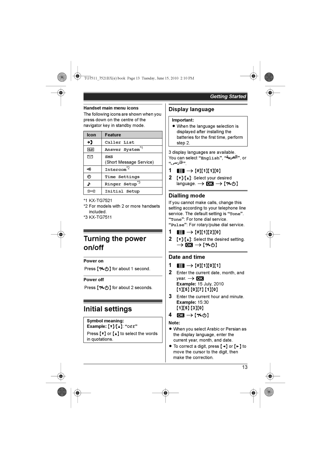 Panasonic KX-TG7511 Turning the power on/off, Initial settings, Display language, Dialling mode, Date and time 