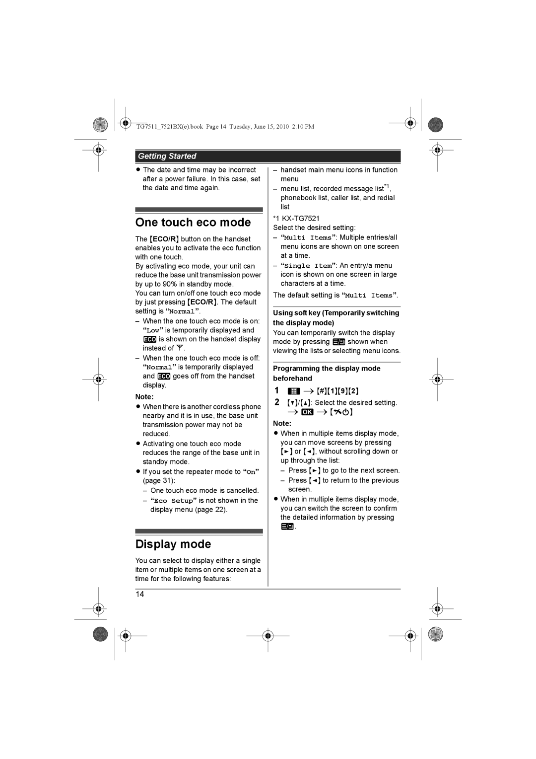 Panasonic KX-TG7521BX, KX-TG7511 One touch eco mode, Display mode, Using soft key Temporarily switching the display mode 