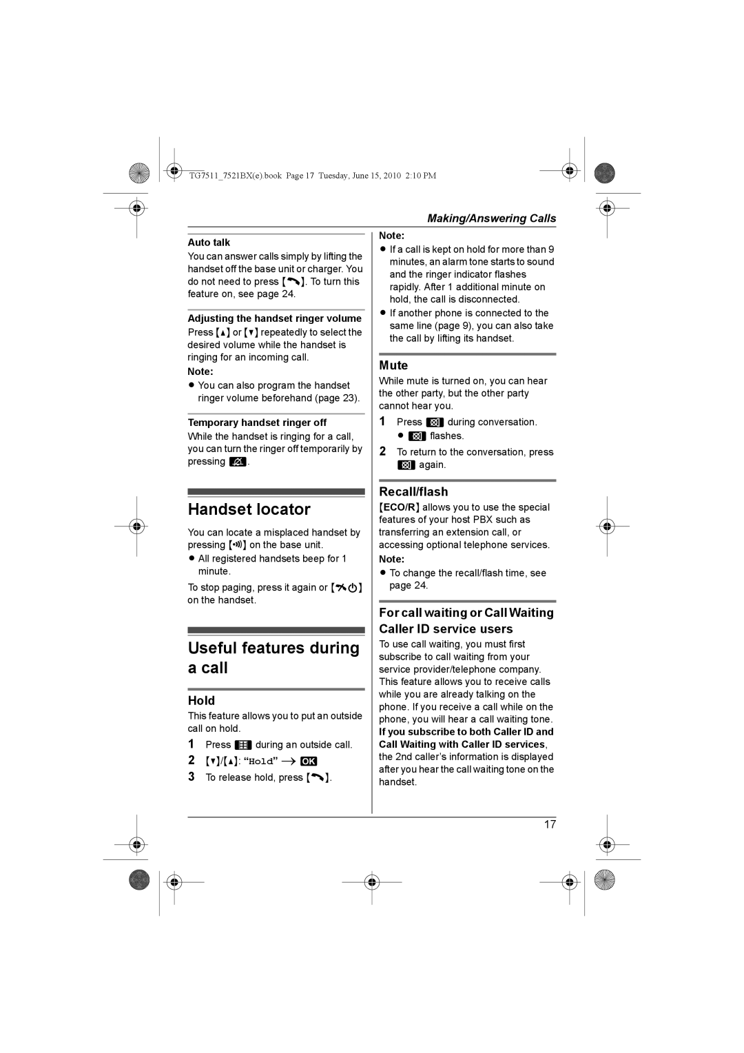 Panasonic KX-TG7511, KX-TG7521BX Handset locator, Useful features during a call, Hold, Mute, Recall/flash 
