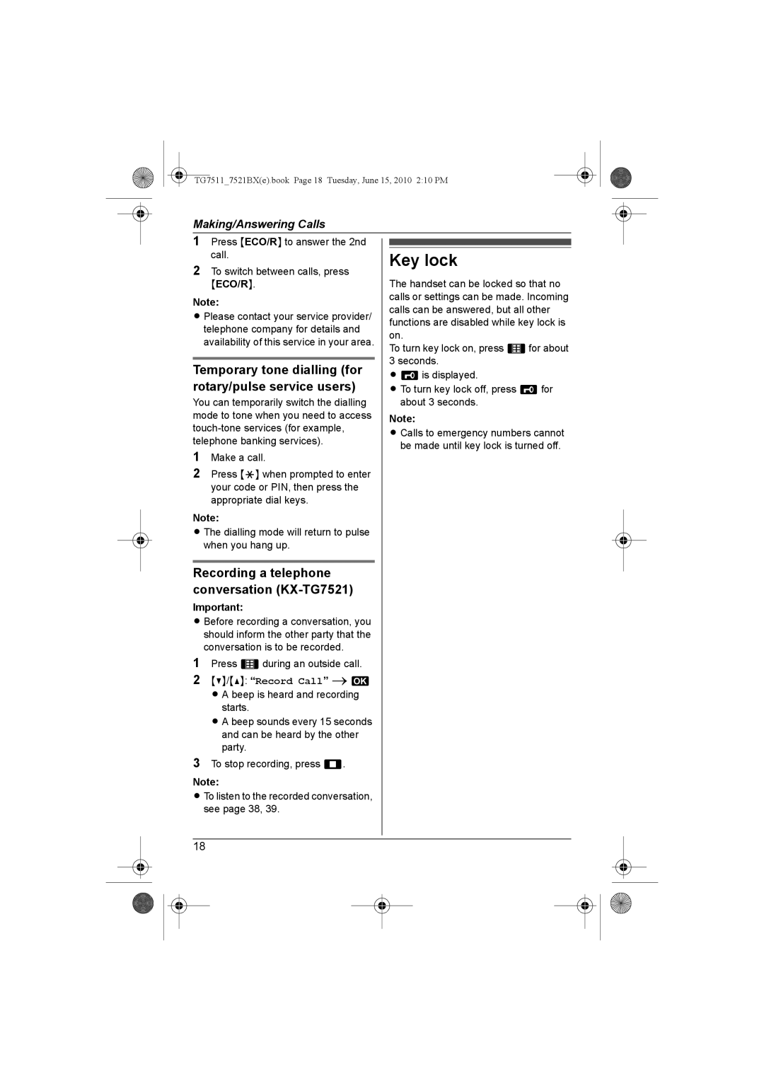 Panasonic KX-TG7521BX, KX-TG7511 Key lock, Temporary tone dialling for rotary/pulse service users, Eco/R, Record Call iM 