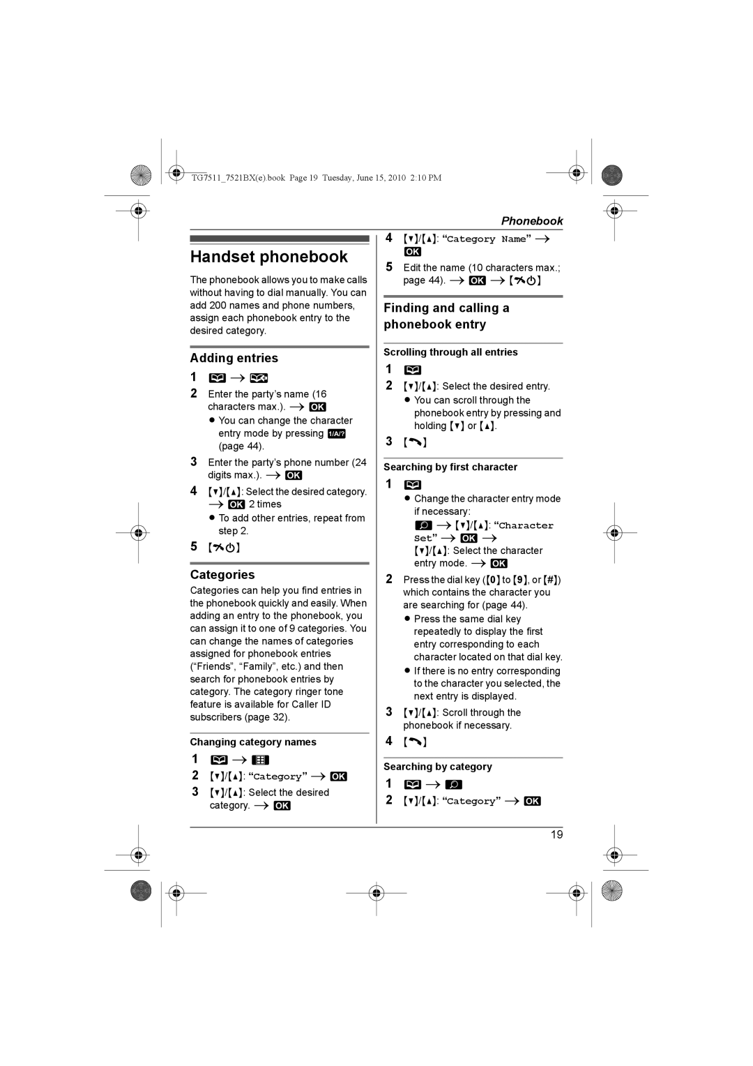 Panasonic KX-TG7511, KX-TG7521BX Handset phonebook, Adding entries, Categories, Finding and calling a phonebook entry 