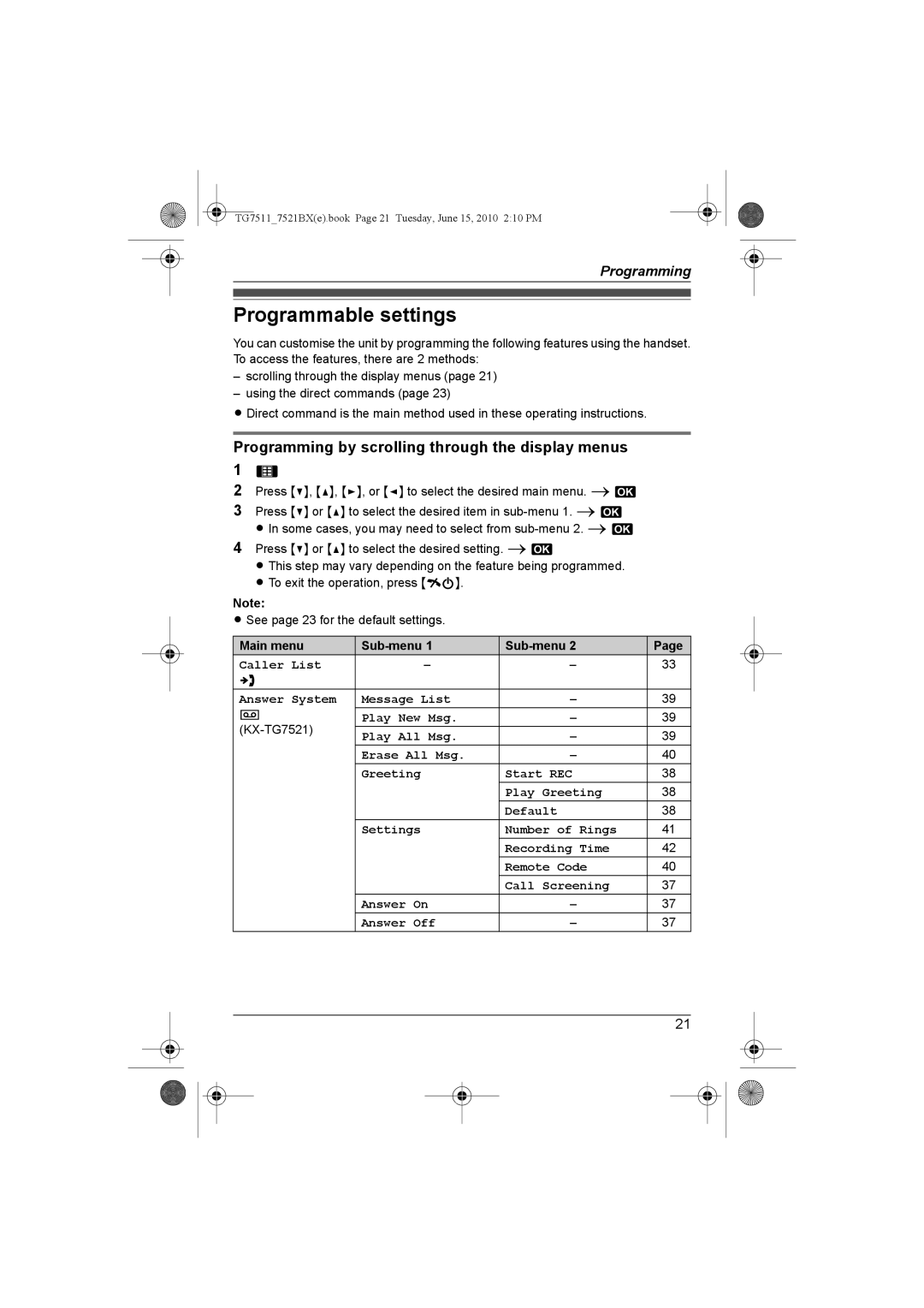 Panasonic KX-TG7511 Programmable settings, Programming by scrolling through the display menus, Main menu Sub-menu 