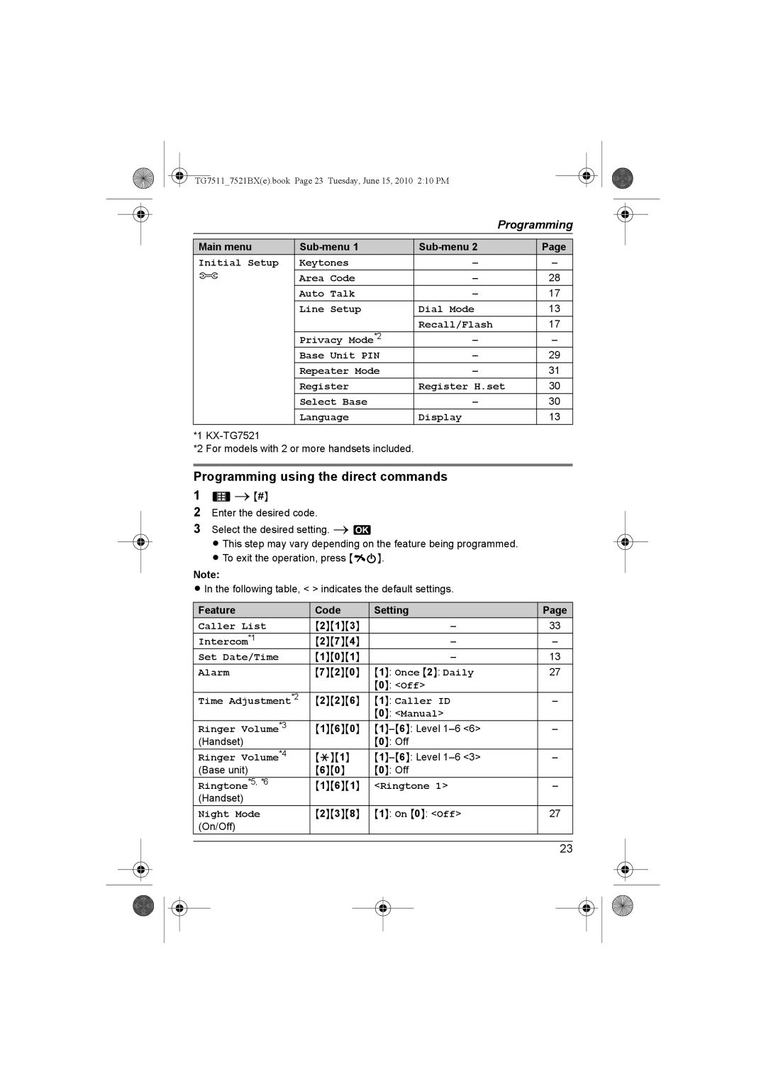 Panasonic KX-TG7511, KX-TG7521BX operating instructions Programming using the direct commands 