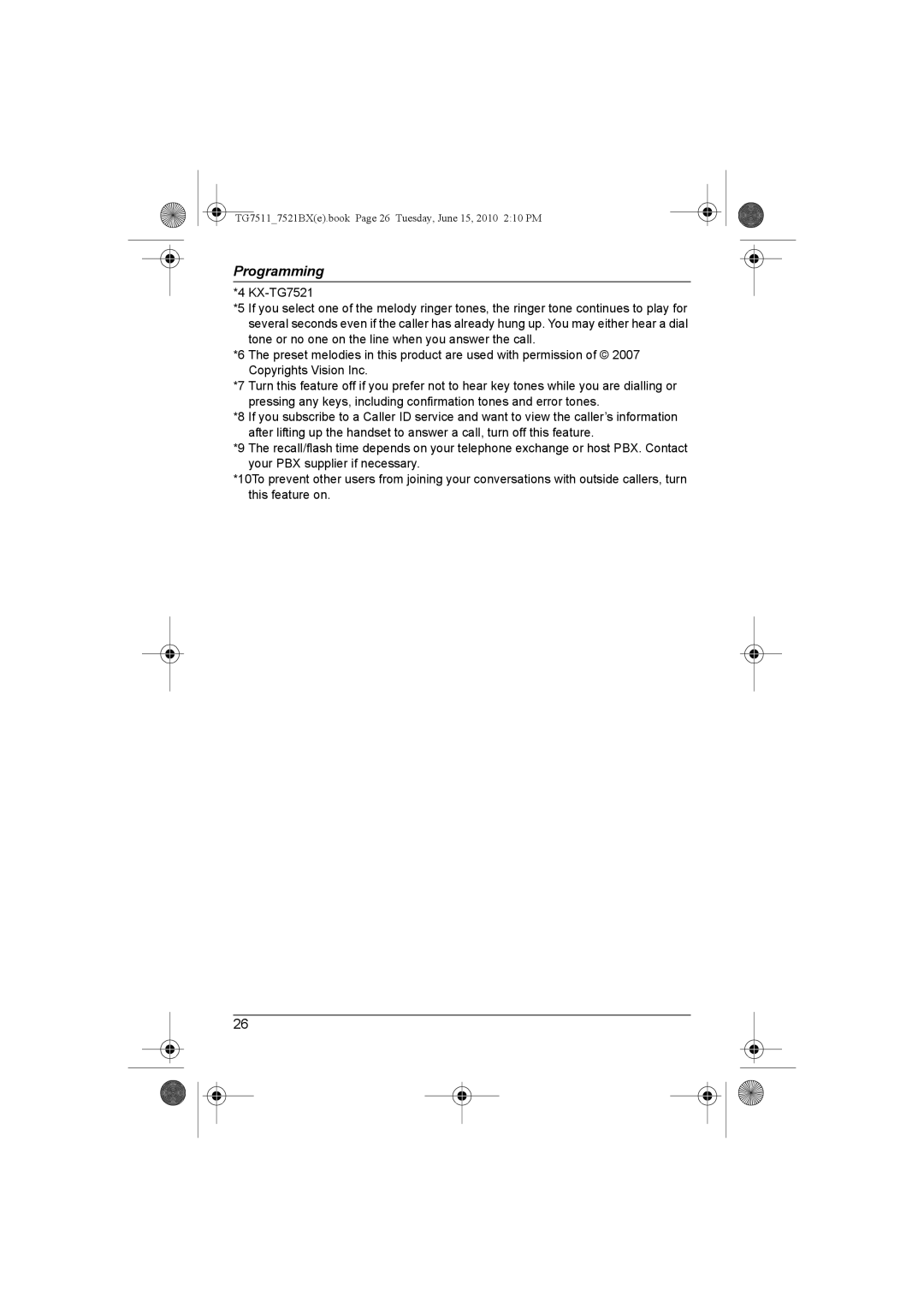 Panasonic KX-TG7521BX, KX-TG7511 operating instructions TG75117521BXe.book Page 26 Tuesday, June 15, 2010 210 PM 