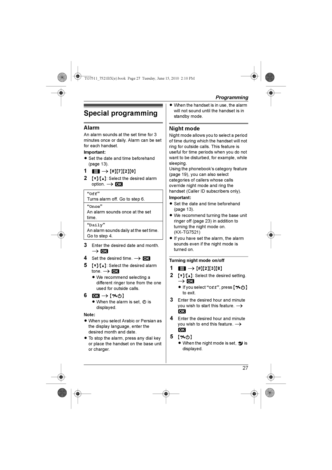 Panasonic KX-TG7511, KX-TG7521BX operating instructions Special programming, Alarm, Night mode, Once, Daily 