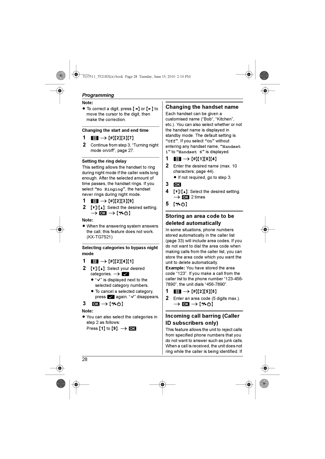 Panasonic KX-TG7521BX, KX-TG7511 Changing the handset name, Storing an area code to be deleted automatically 