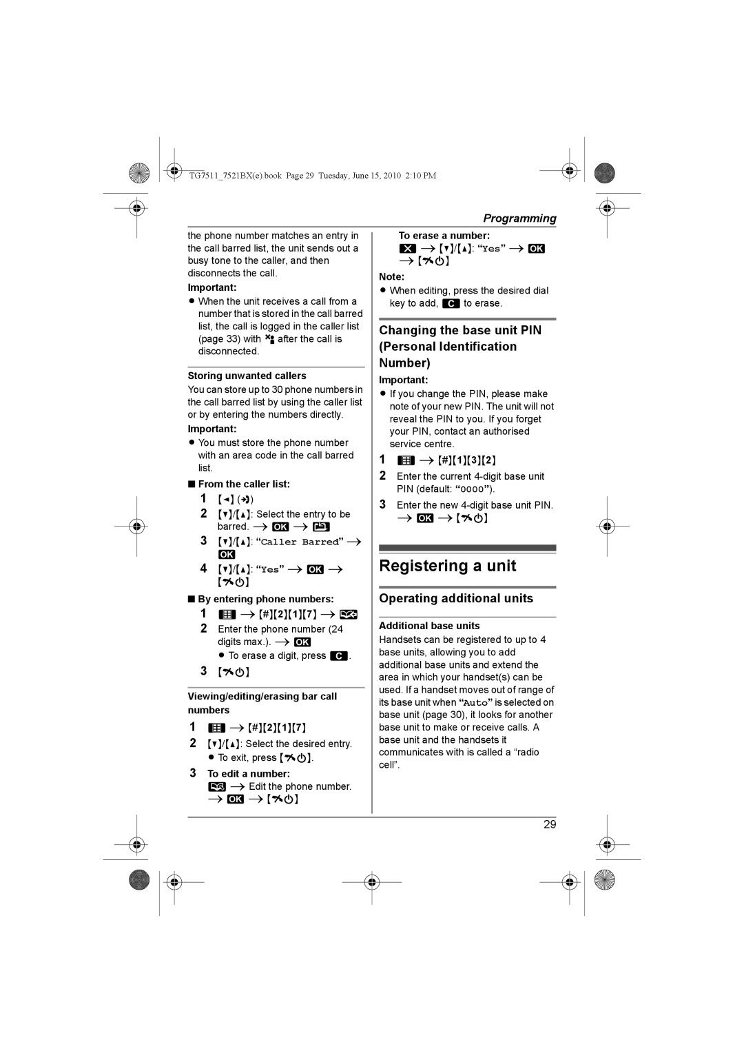 Panasonic KX-TG7511, KX-TG7521BX Registering a unit, Changing the base unit PIN Personal Identification Number 