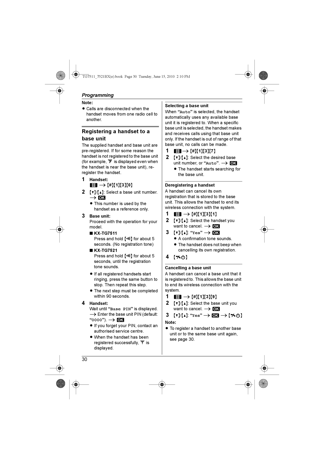Panasonic KX-TG7521BX, KX-TG7511 Registering a handset to a base unit, Selecting a base unit, Deregistering a handset 