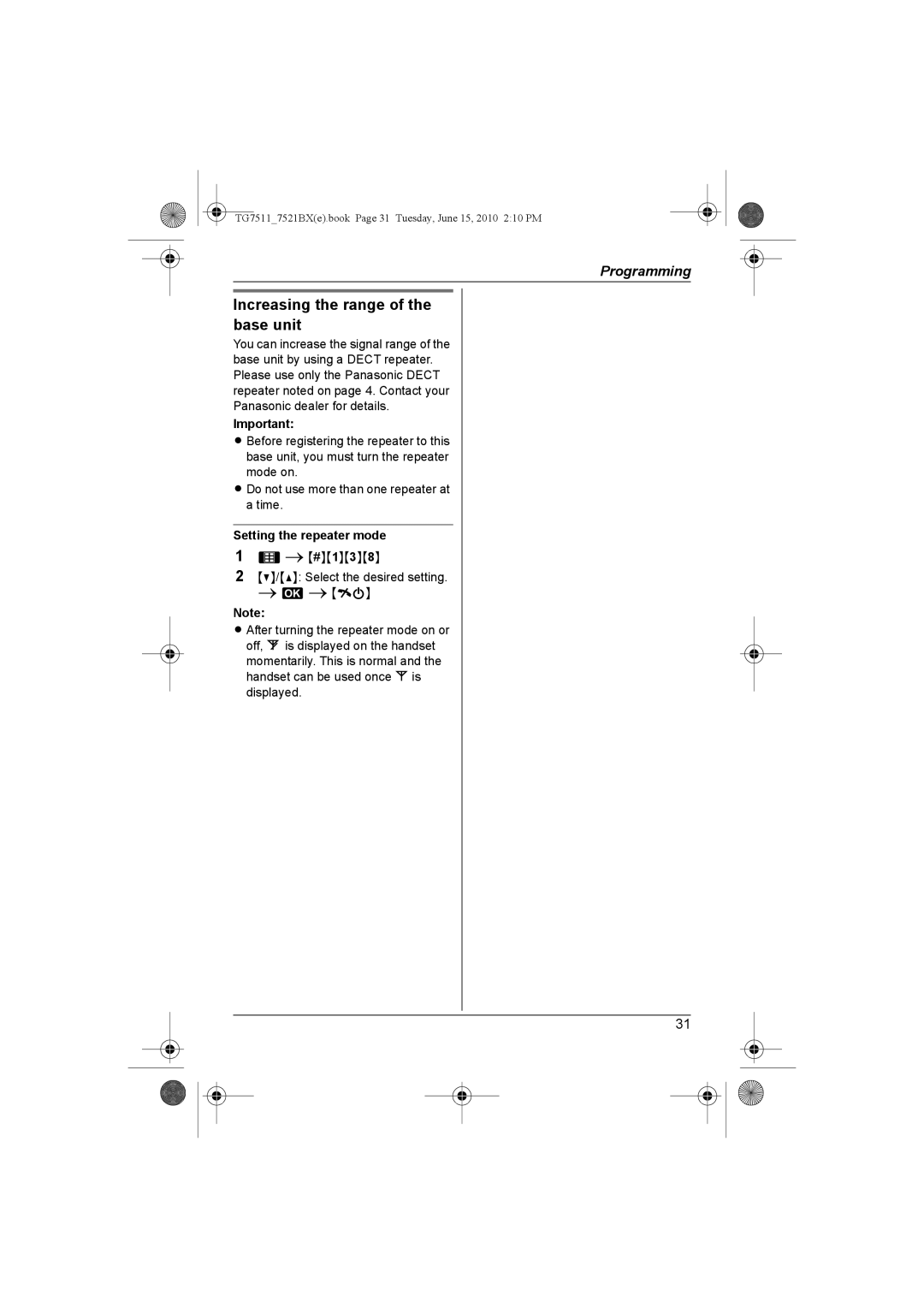 Panasonic KX-TG7511, KX-TG7521BX operating instructions Increasing the range of the base unit, Setting the repeater mode 