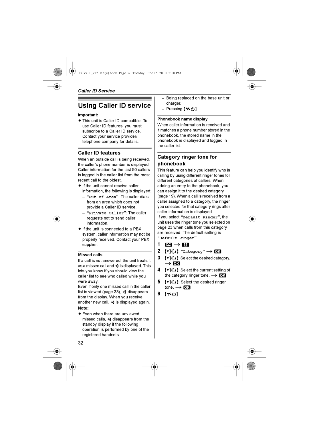 Panasonic KX-TG7521BX Using Caller ID service, Caller ID features, Category ringer tone for phonebook, Missed calls 