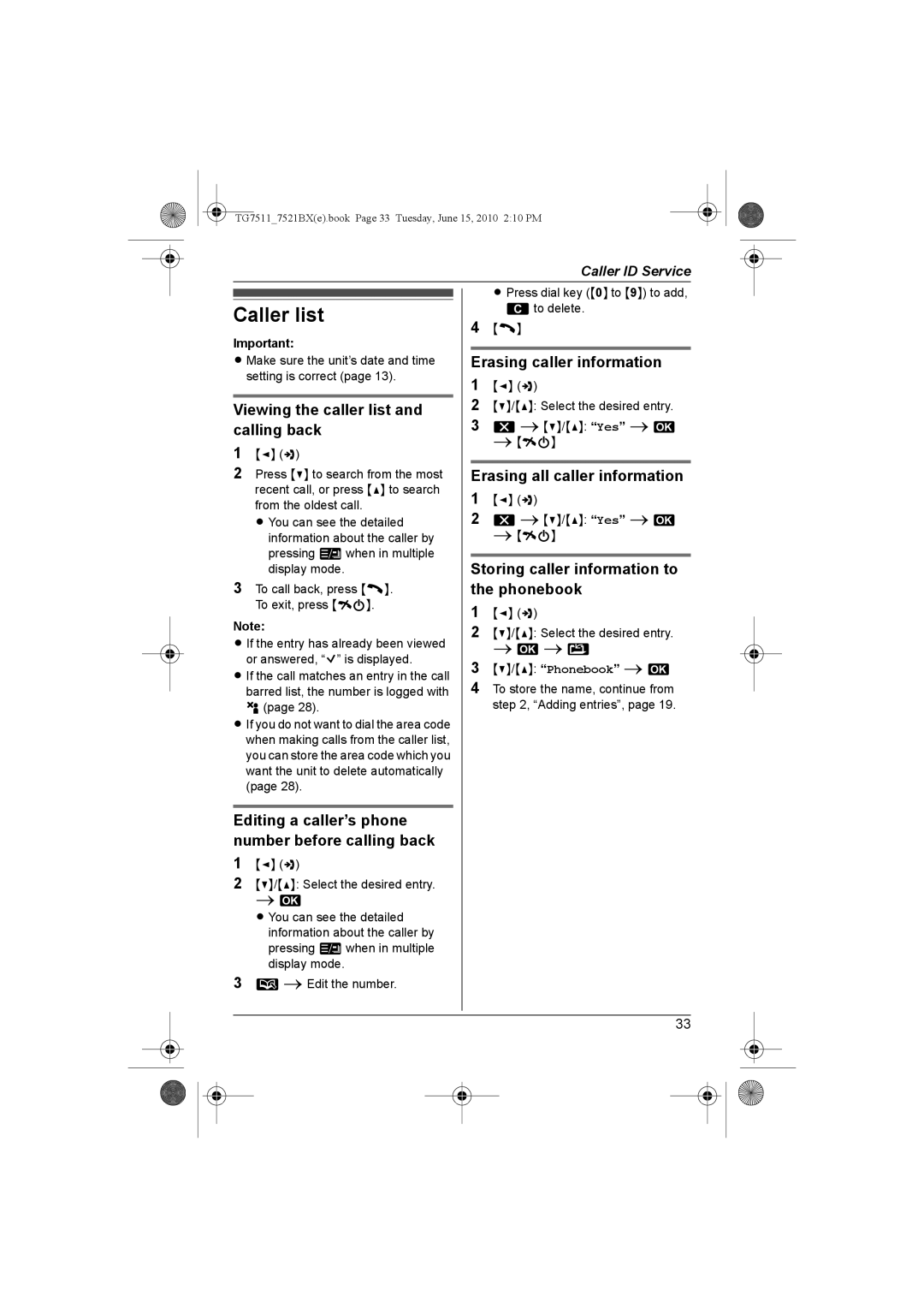 Panasonic KX-TG7511, KX-TG7521BX operating instructions Caller list 