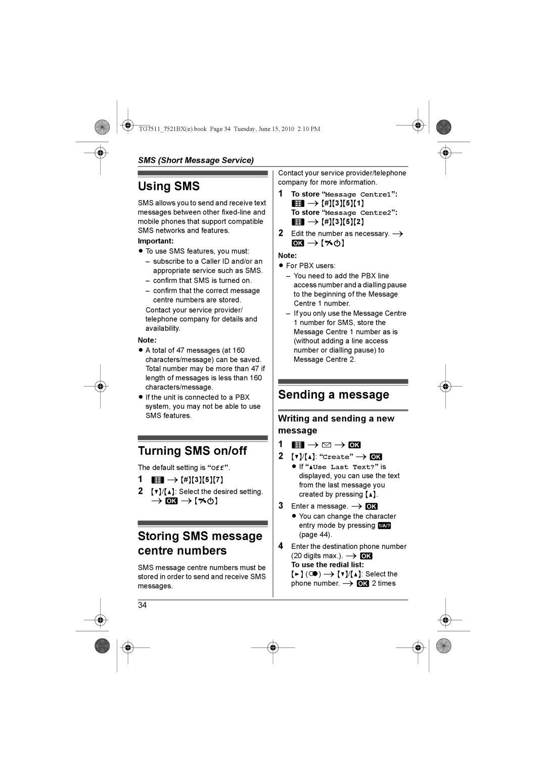 Panasonic KX-TG7521BX, KX-TG7511 Using SMS, Turning SMS on/off, Storing SMS message centre numbers, Sending a message 