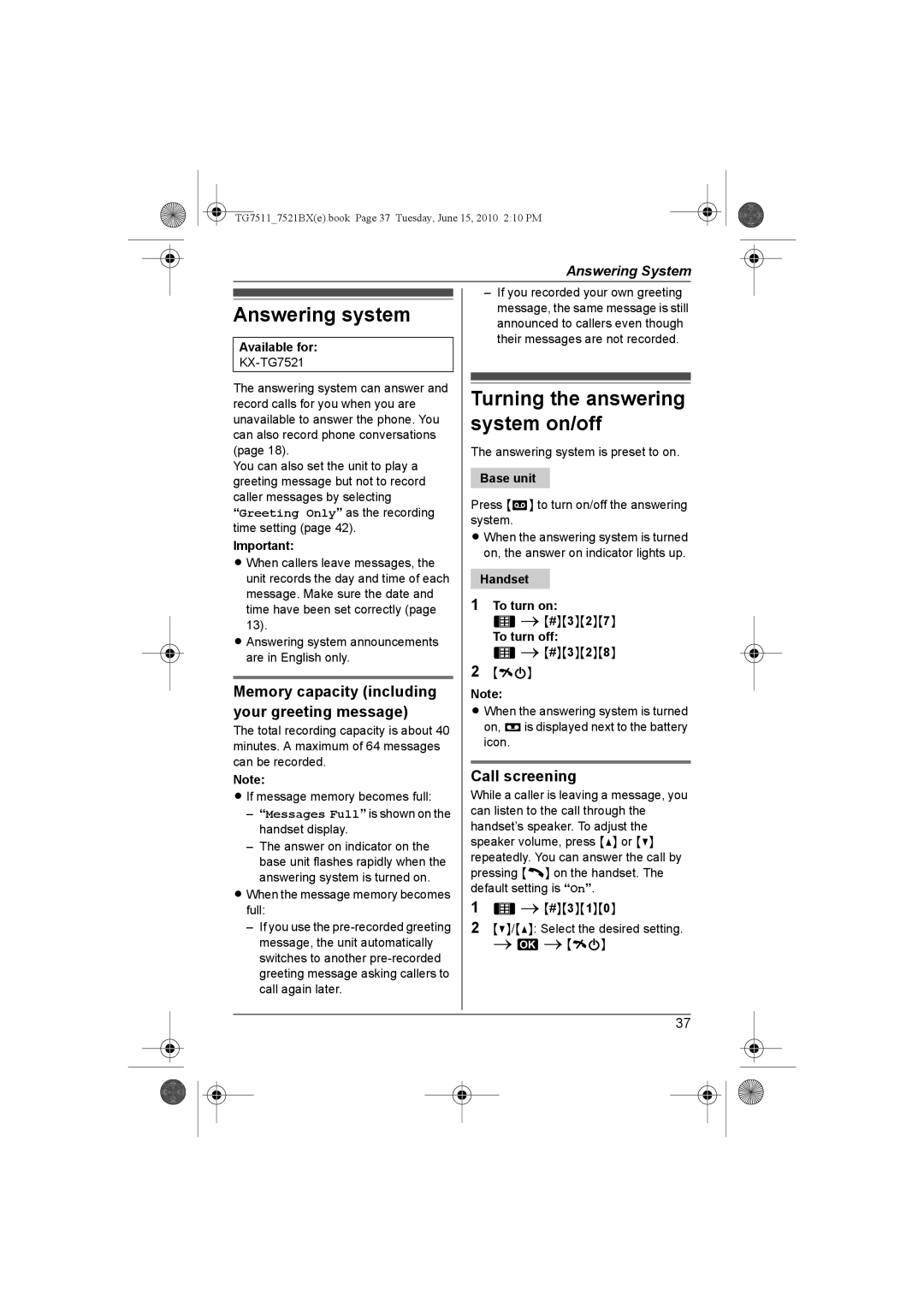 Panasonic KX-TG7511 Answering system, Turning the answering system on/off, Memory capacity including your greeting message 