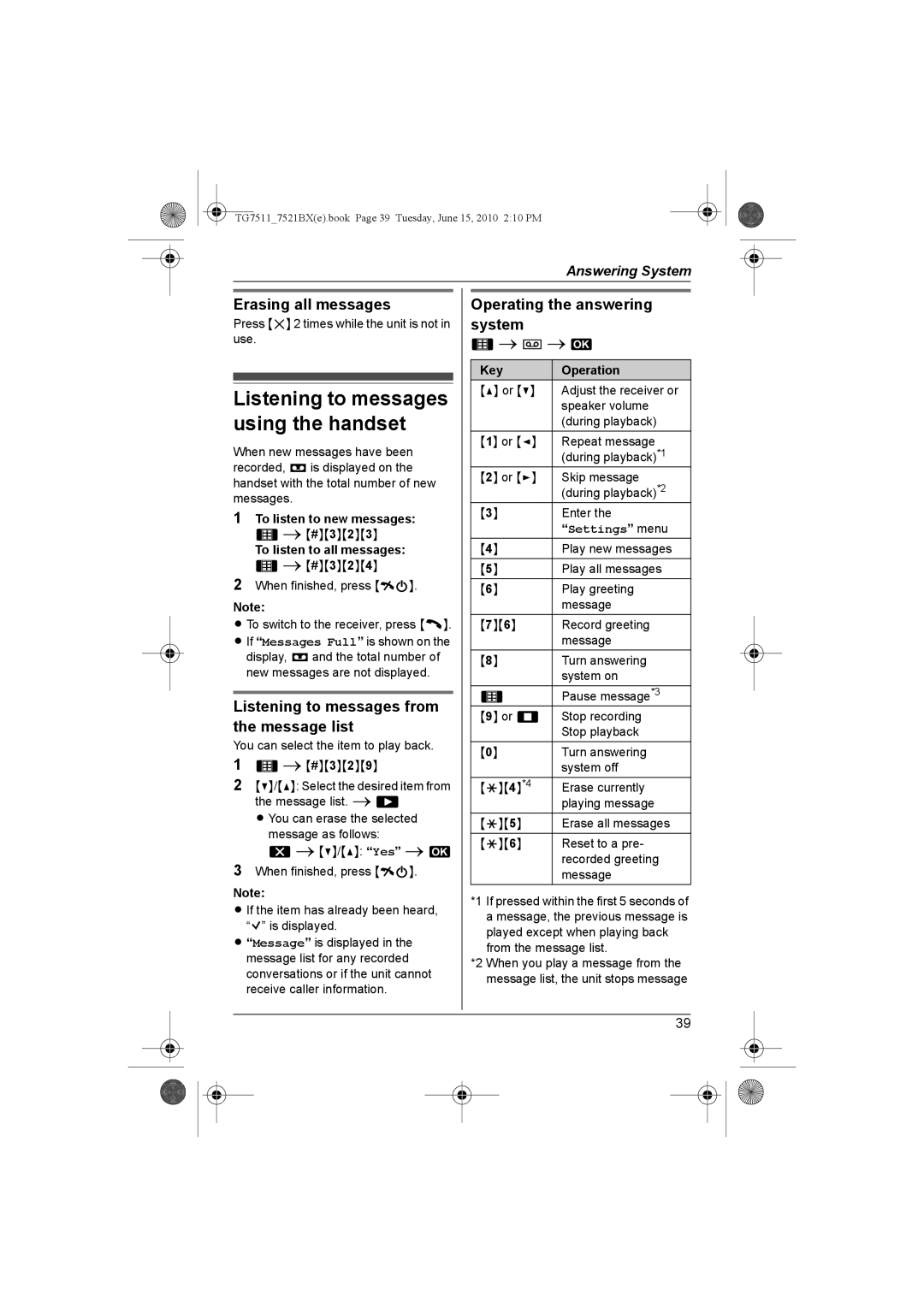 Panasonic KX-TG7511 Listening to messages using the handset, Erasing all messages, Operating the answering system 