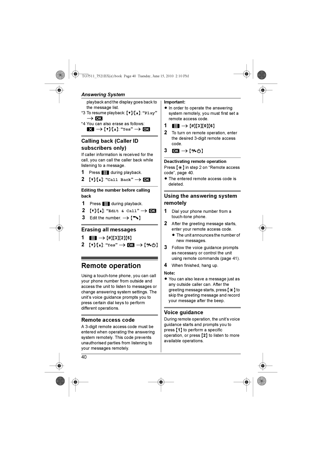 Panasonic KX-TG7521BX Remote operation, Calling back Caller ID subscribers only, Remote access code, Voice guidance 