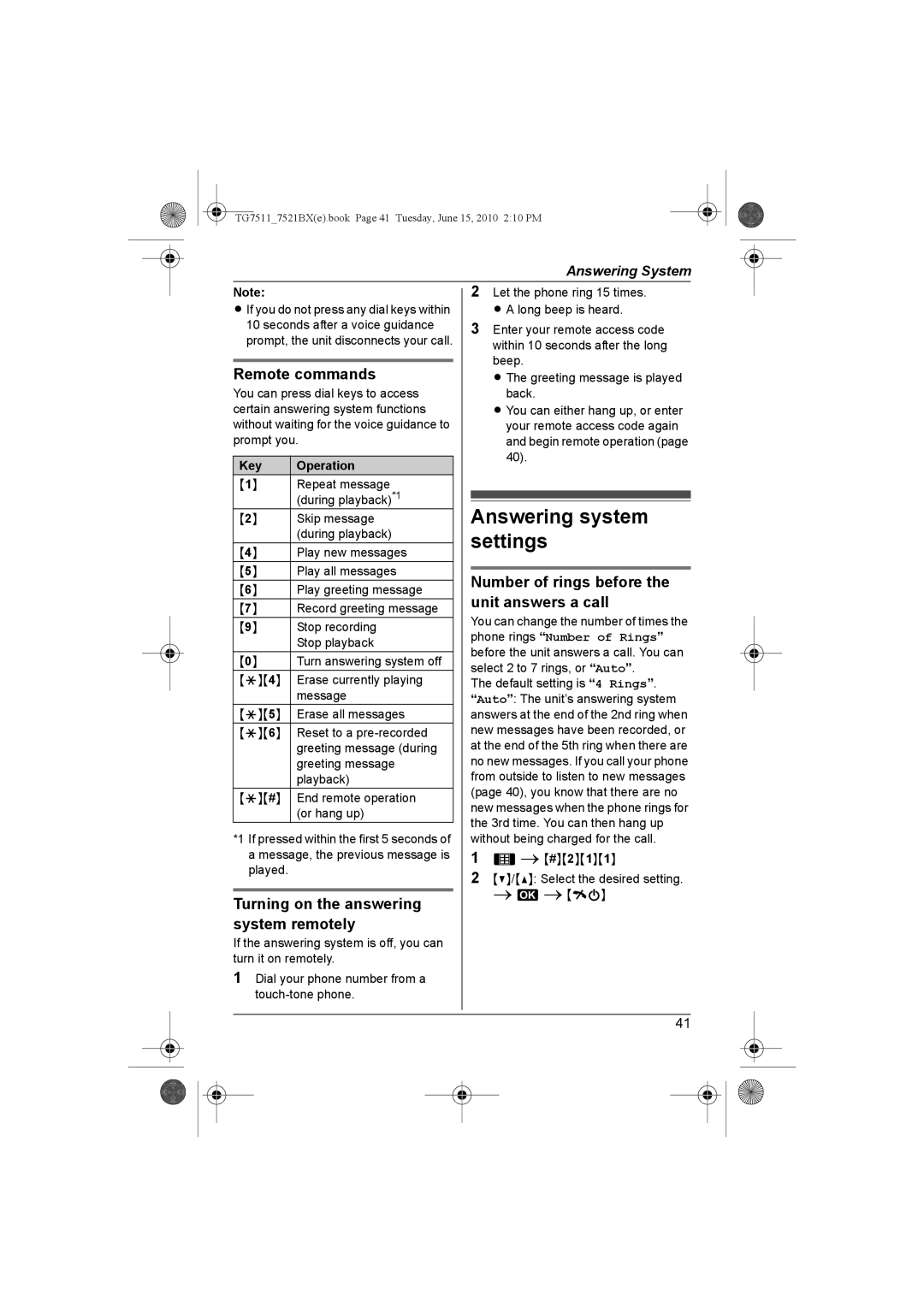 Panasonic KX-TG7511, KX-TG7521BX operating instructions Settings 