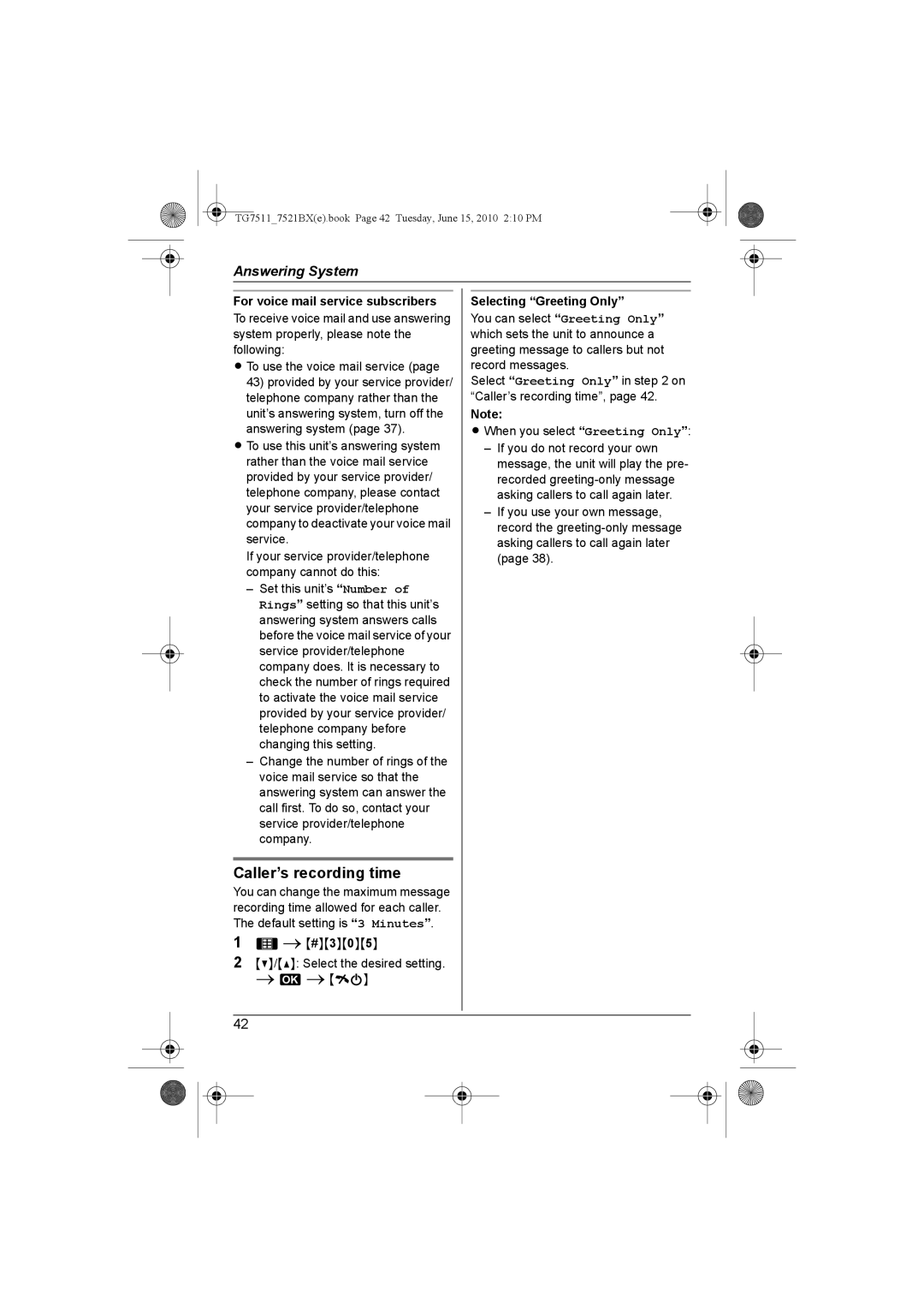 Panasonic KX-TG7521BX, KX-TG7511 operating instructions Caller’s recording time, Selecting Greeting Only 