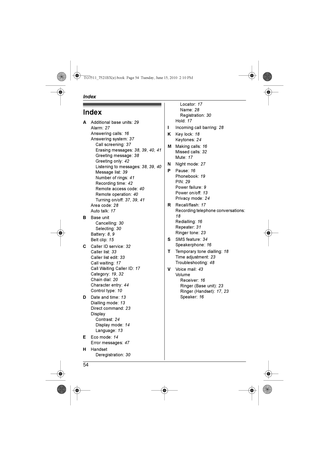 Panasonic KX-TG7521BX, KX-TG7511 operating instructions Index 