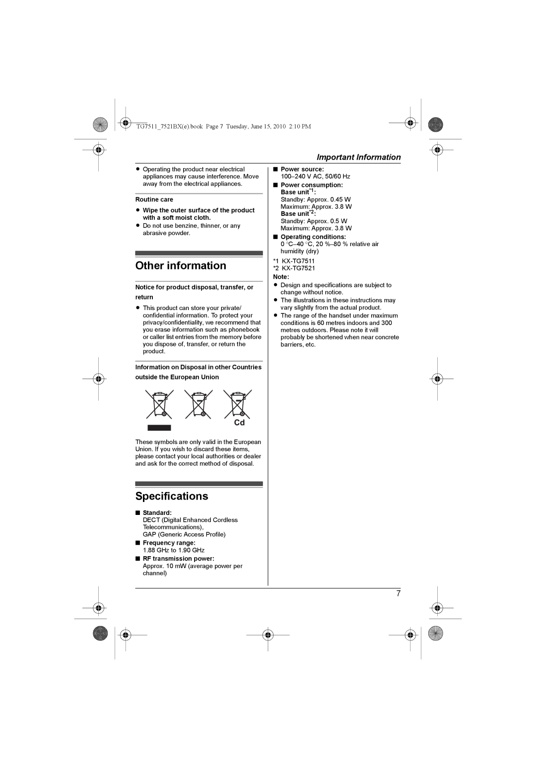 Panasonic KX-TG7511, KX-TG7521BX operating instructions Other information 