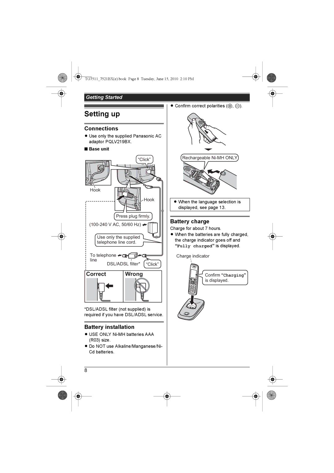 Panasonic KX-TG7521BX, KX-TG7511 Setting up, Connections, Correct Wrong, Battery installation, Battery charge 