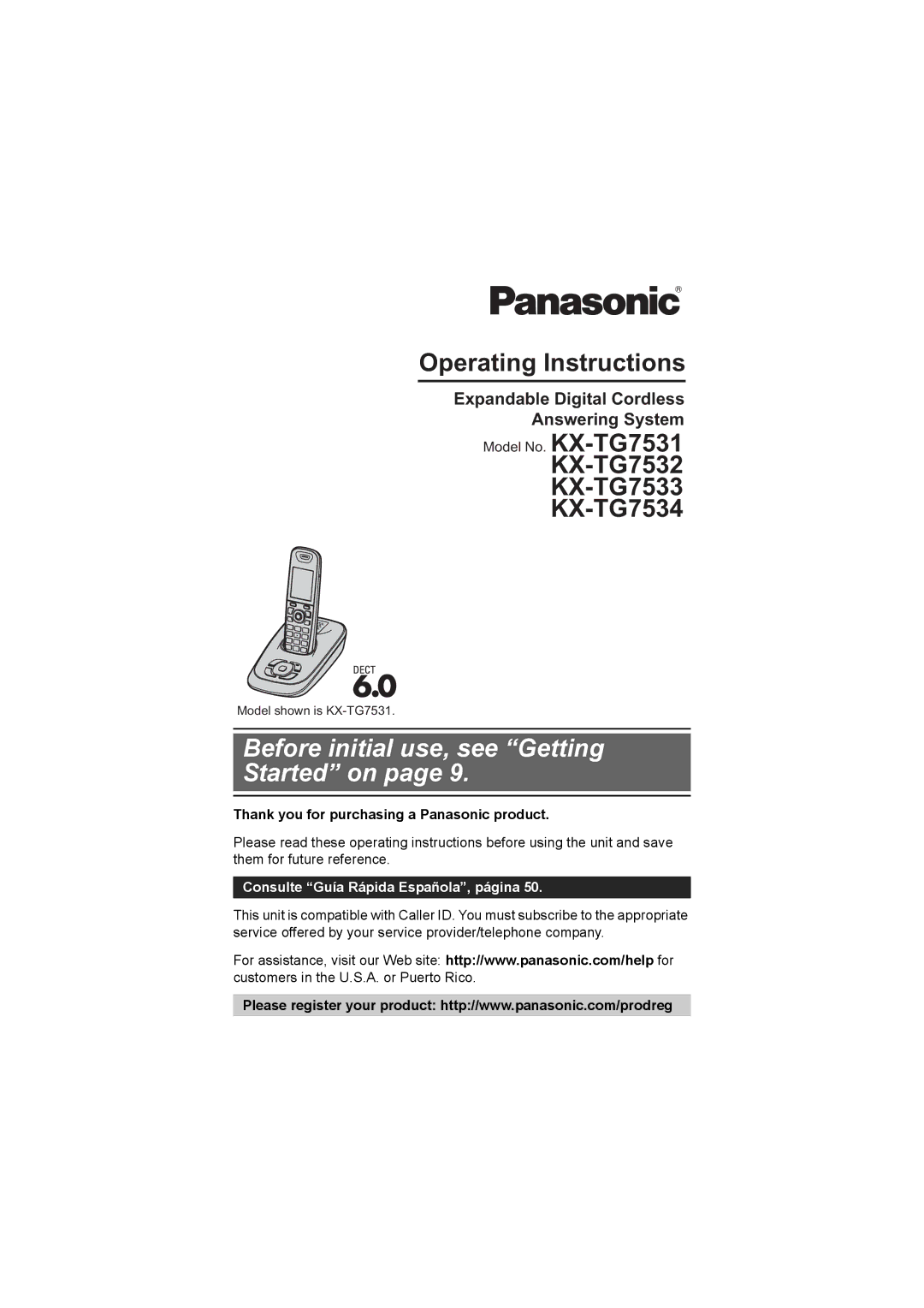 Panasonic KX-TG7533, KX-TG7534, KX-TG7531, KX-TG7532 operating instructions Before initial use, see Getting Started on 