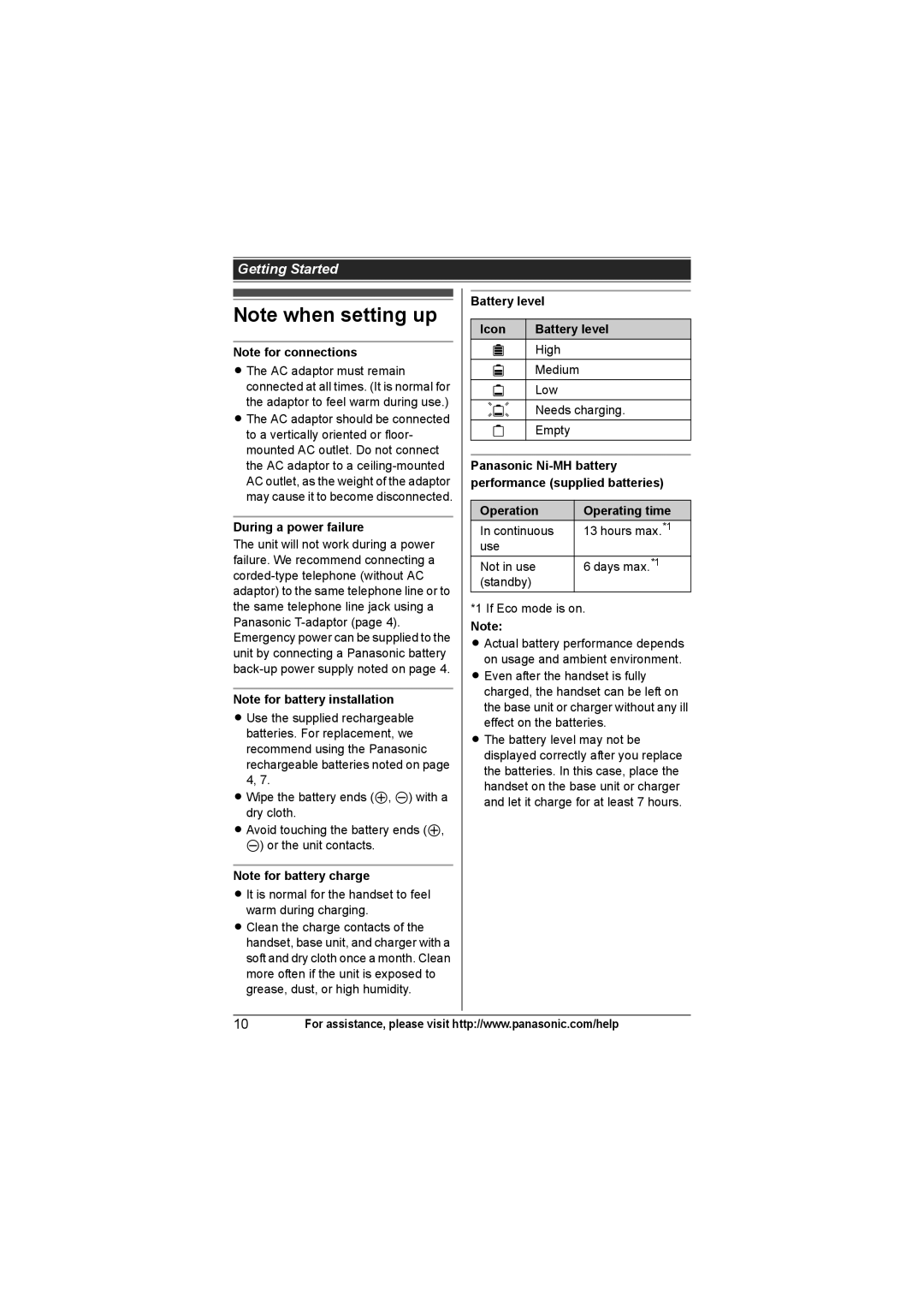 Panasonic KX-TG7531, KX-TG7534, KX-TG7533, KX-TG7532 During a power failure, Battery level Icon, Operation Operating time 