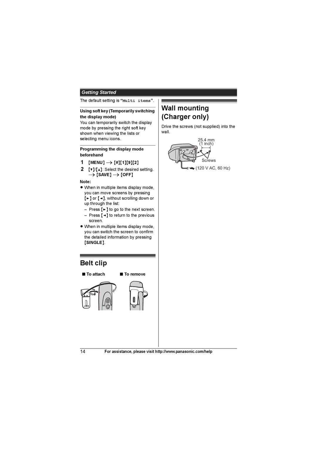 Panasonic KX-TG7531 Belt clip, Wall mounting Charger only, Using soft key Temporarily switching the display mode 