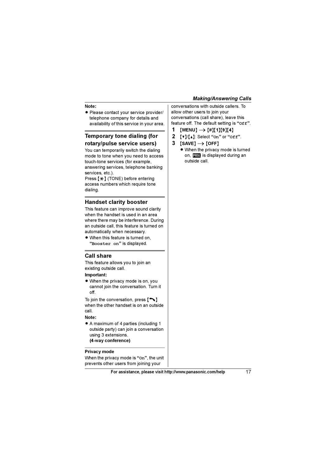 Panasonic KX-TG7533, KX-TG7534 Temporary tone dialing for, Rotary/pulse service users, Handset clarity booster, Call share 