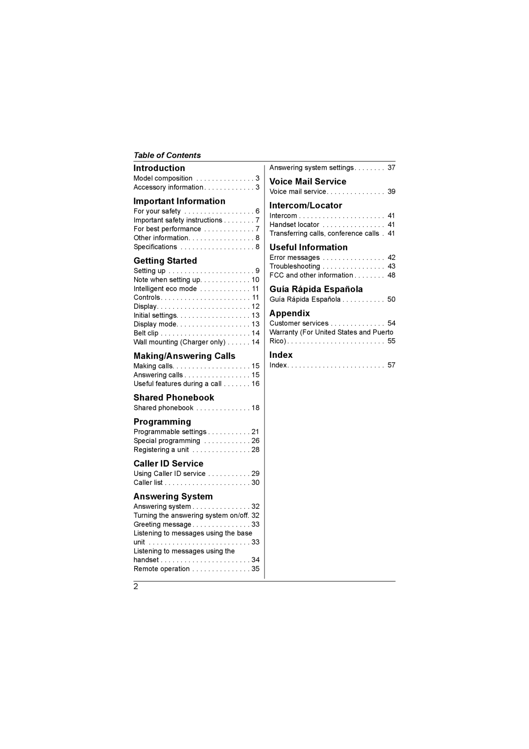 Panasonic KX-TG7531 Introduction, Important Information, Getting Started, Making/Answering Calls, Shared Phonebook, Index 