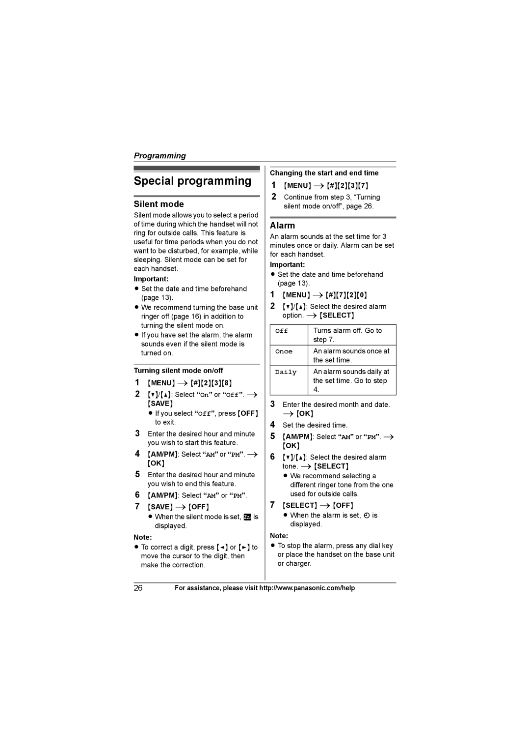 Panasonic KX-TG7531, KX-TG7534, KX-TG7533, KX-TG7532 operating instructions Special programming, Silent mode, Alarm 