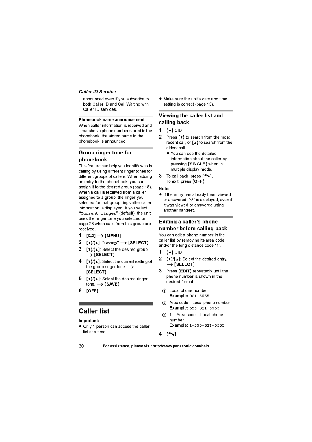 Panasonic KX-TG7531 Caller list, Group ringer tone for phonebook, Viewing the caller list and calling back, Example 