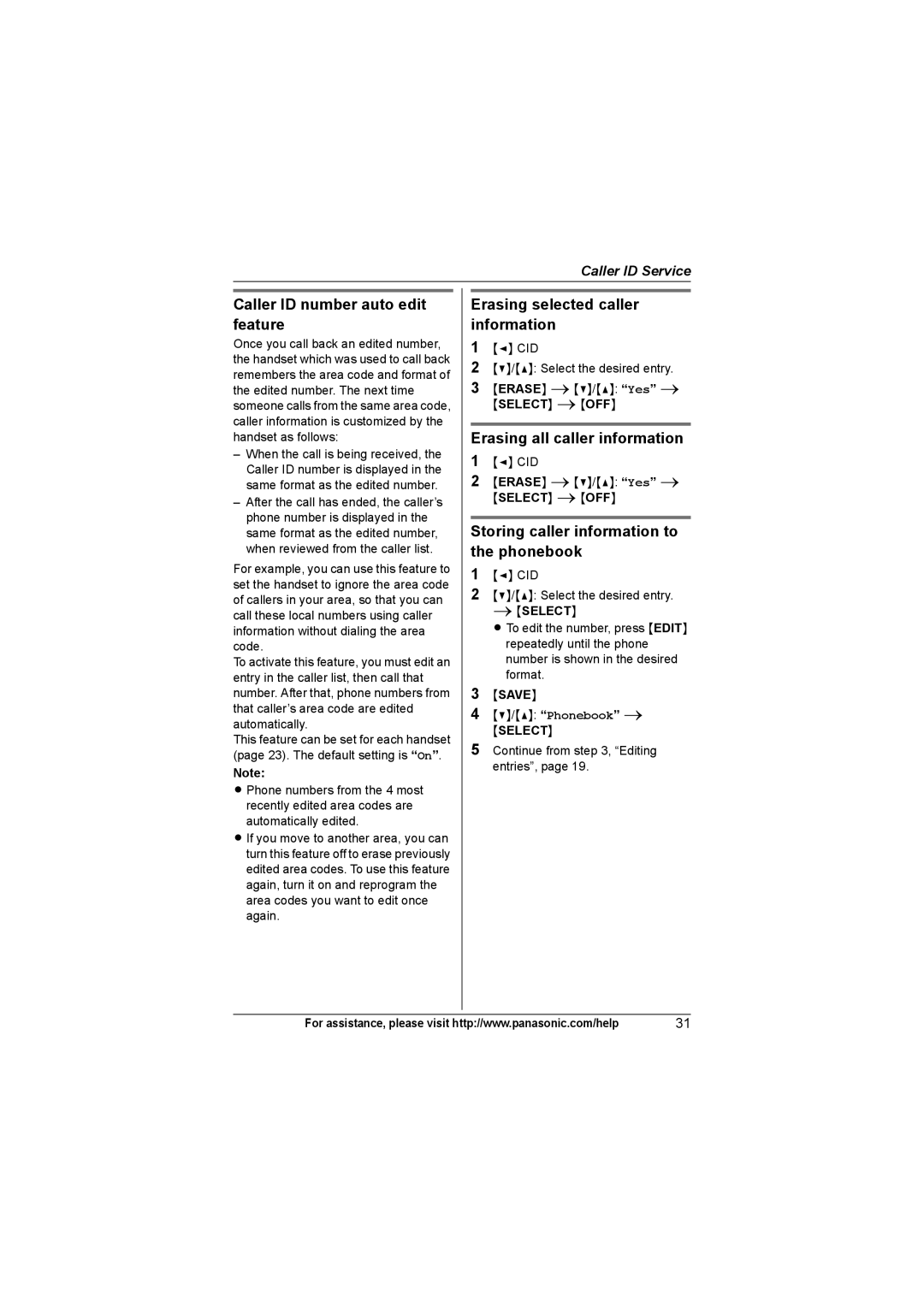 Panasonic KX-TG7532, KX-TG7534, KX-TG7533, KX-TG7531 Caller ID number auto edit feature, Erasing selected caller information 