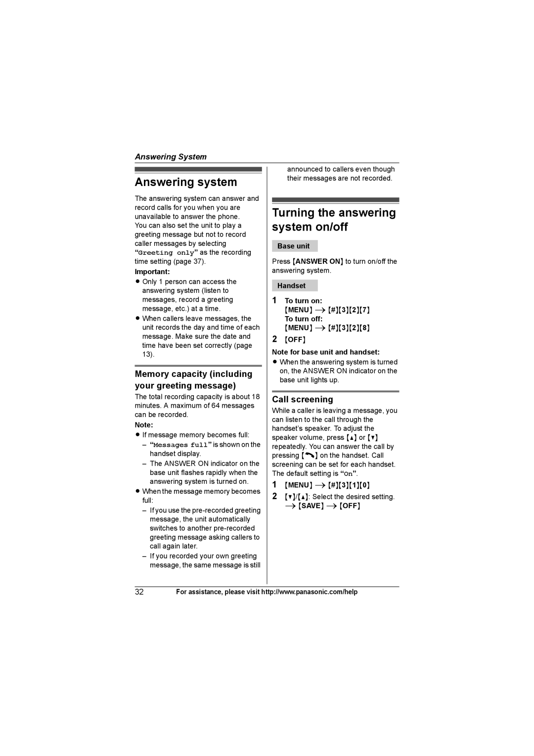 Panasonic KX-TG7534 Answering system, Turning the answering system on/off, Memory capacity including your greeting message 