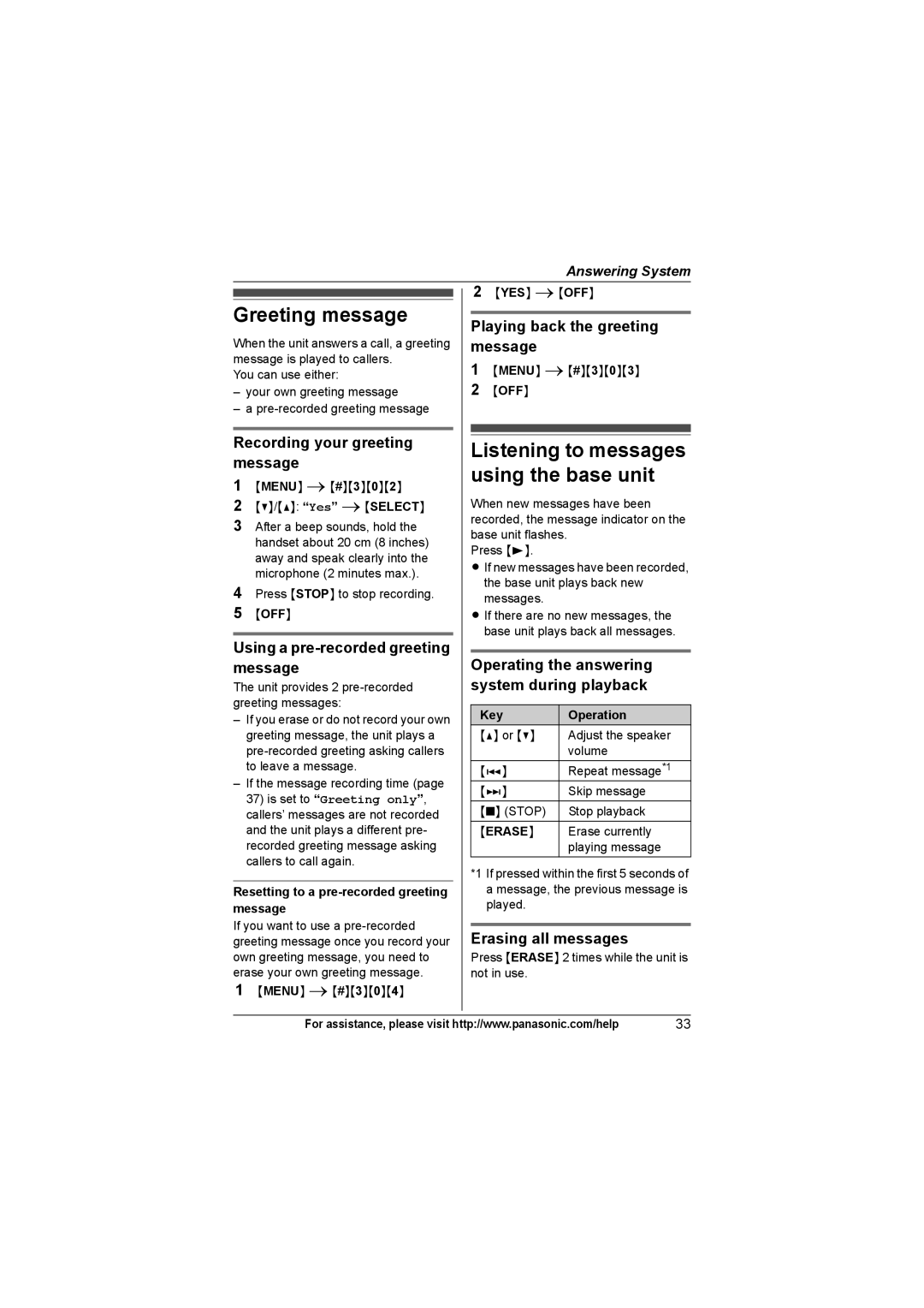 Panasonic KX-TG7533, KX-TG7534, KX-TG7531, KX-TG7532 Greeting message, Listening to messages using the base unit 