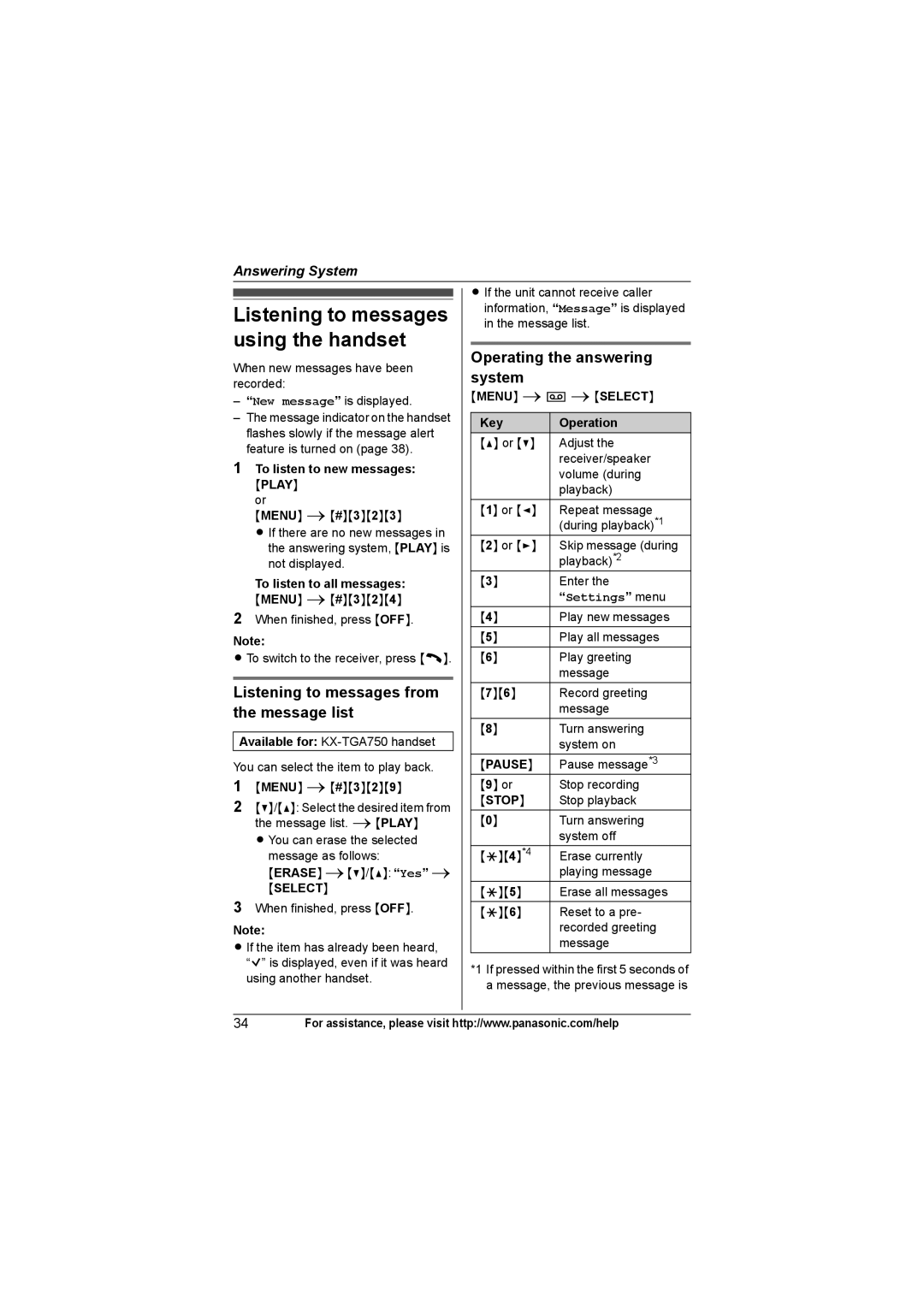 Panasonic KX-TG7531 Listening to messages using the handset, Listening to messages from the message list, Settings menu 