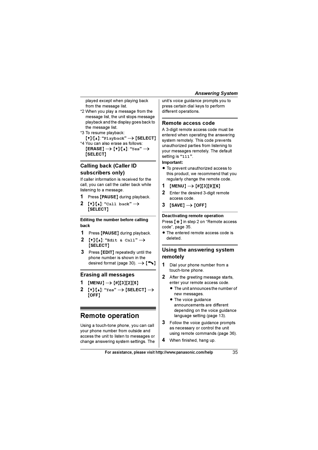 Panasonic KX-TG7532, KX-TG7534 Remote operation, Calling back Caller ID subscribers only, Remote access code, Edit & Call 