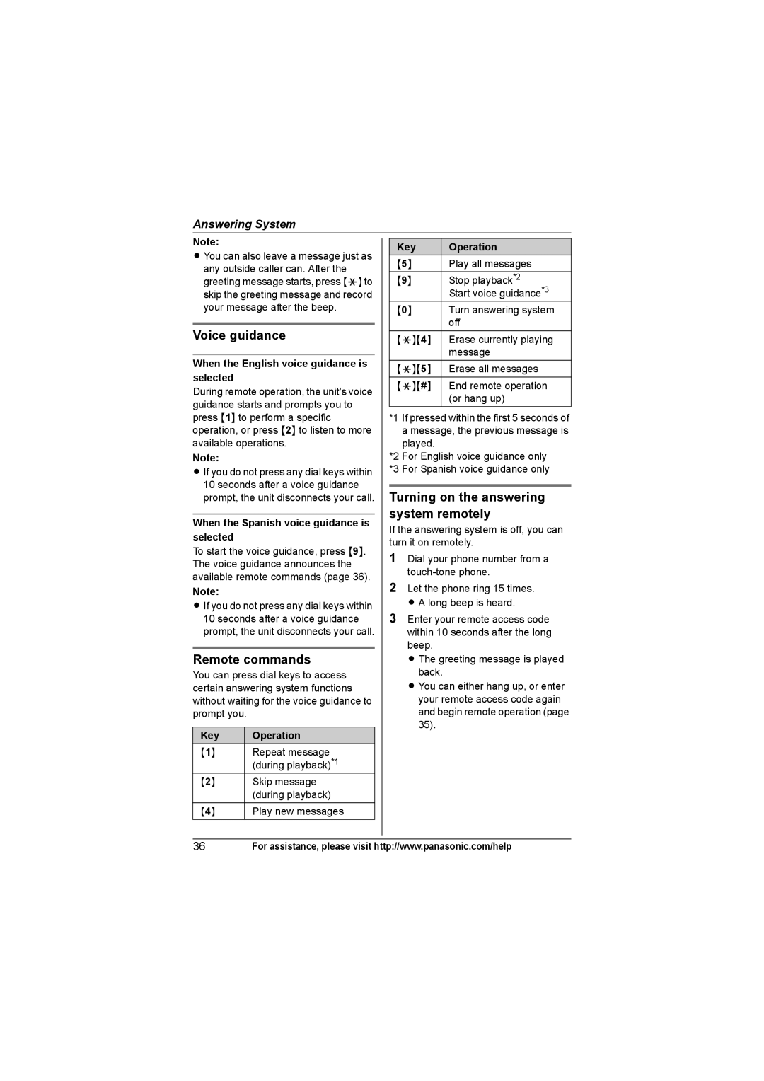 Panasonic KX-TG7534, KX-TG7533, KX-TG7531 Voice guidance, Remote commands, Turning on the answering system remotely 